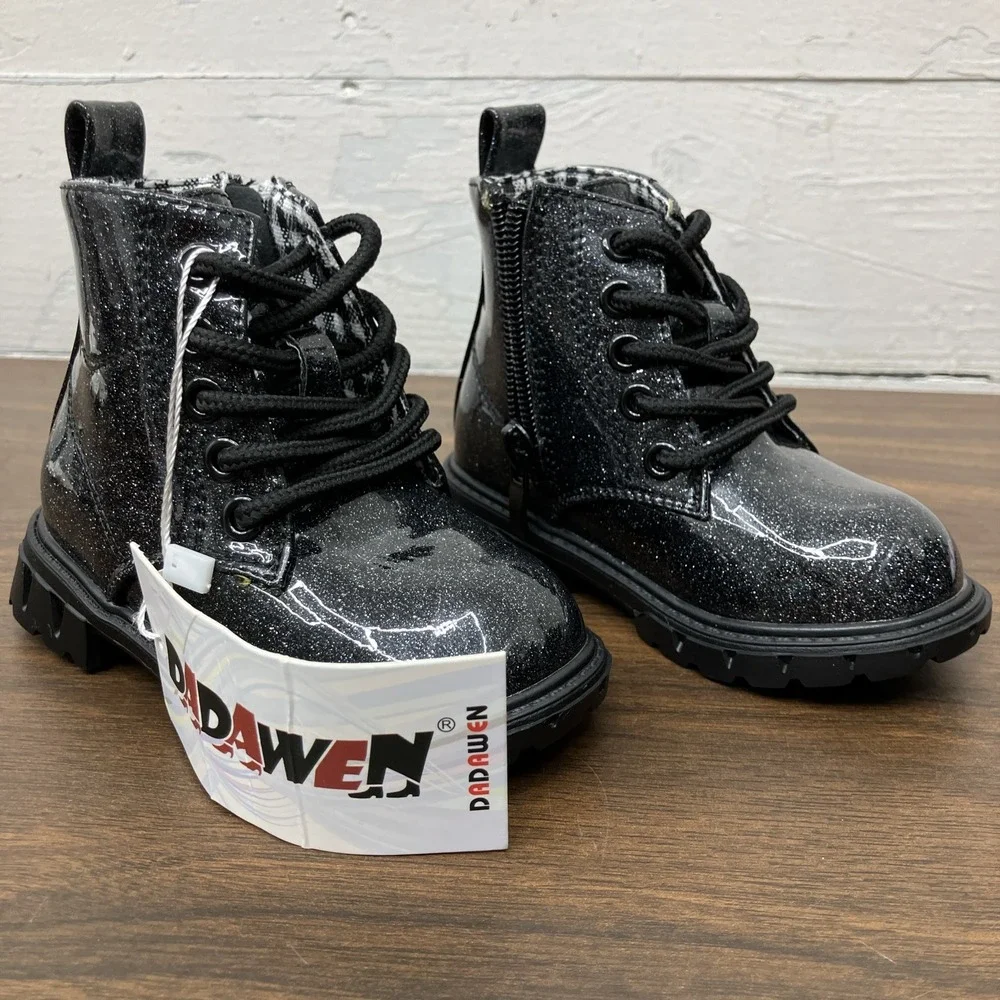 Dadawen Black Glitter Combat Boots Kids Ankle Glossy Black Glitter Boots Size 5